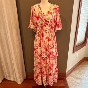 Henly Floral Midi Dress Tiered Bright Spring Summer Wedding Easter Size Large